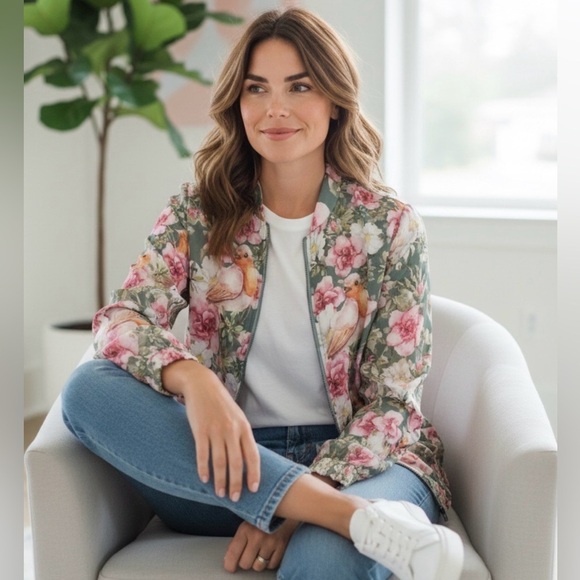 La Bellum Hillary Scott Jackets & Blazers - ☀️LaBellum by Hillary Scott Floral Bird Chiffon Zip Jacket Size Small NWT
